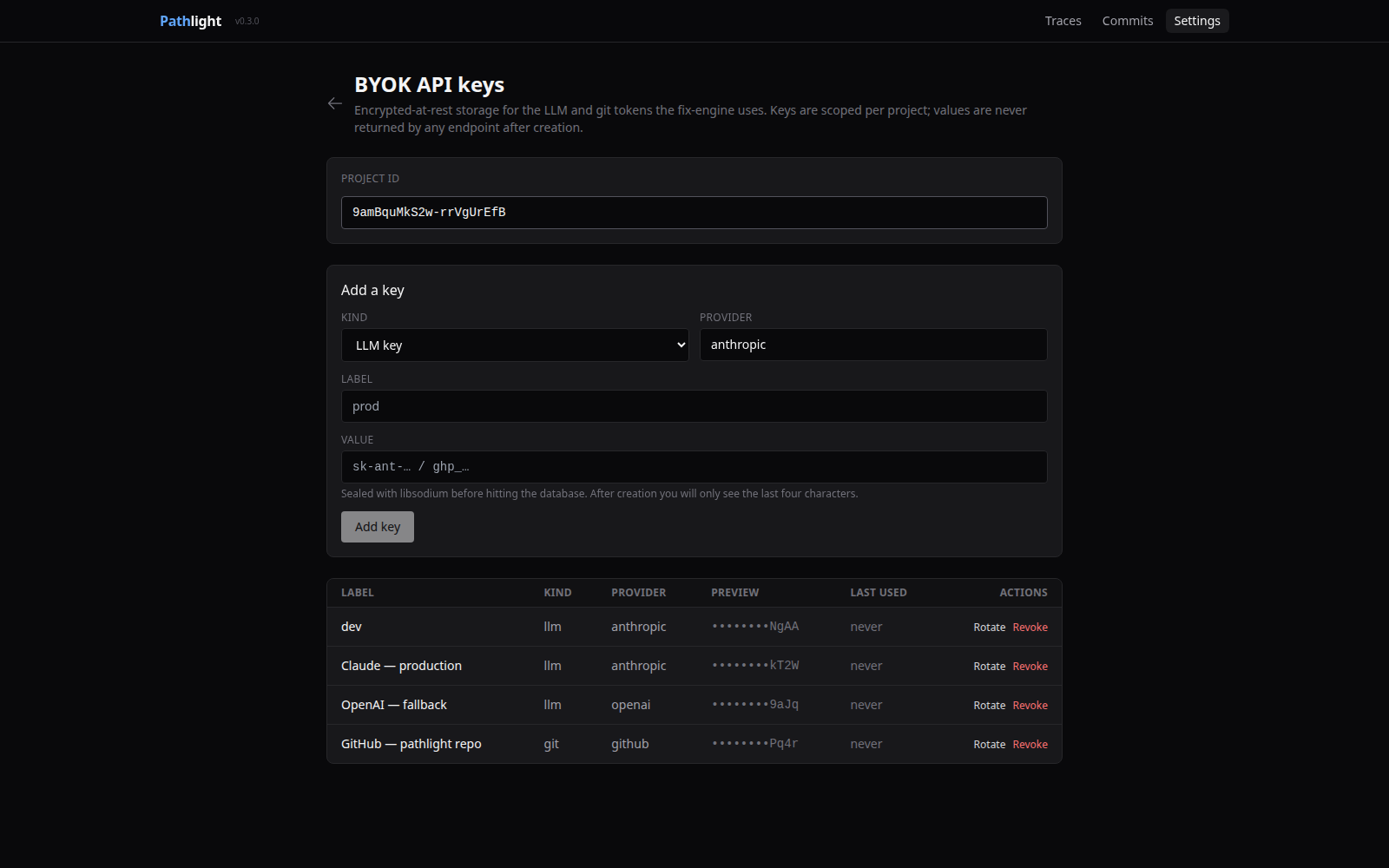 Settings · keys page with masked per-project LLM and git secrets