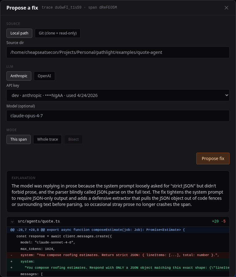 Fix dialog with streaming progress and unified diff preview for a failing span