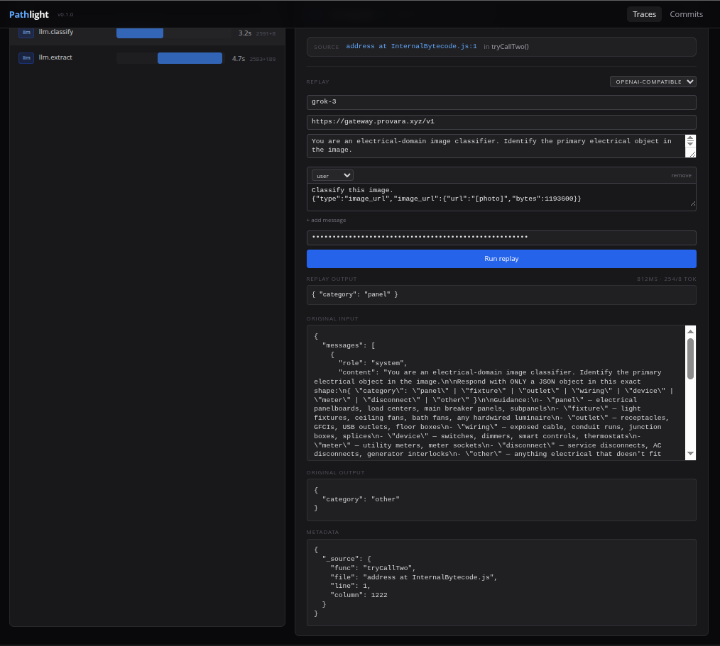 Replay editor open on an LLM span showing editable system prompt, message, and inline response